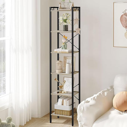 Bookshelf, Book Shelf, Industrial Bookcase with 2 Hooks, Coner Shelf Storage Organizer for Home Office, Living Room, Bedroom, Kitchen, 6-Tier Greige BC10705B