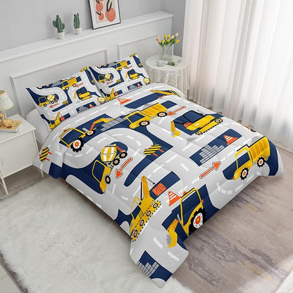 Axolotl Cartoon Excavator Bedding Set Twin,Tractor Truck Bedding Set,Boys Construction Bedding Set,Yellow Vehicles Truck Comforter Construction Site Decor for Kids Boys Teens,1 Quilt 2 Pillowcases