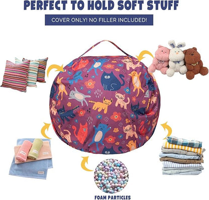 Stuffed Animal Storage Bean Bag Chair Cover, Hold Kids Plush Toys Blankets Towels Beanbag (Cover Only), Canvas Floor Circle Stuff Sit Seat Sofa with YKK Zipper, Large 32", Cat