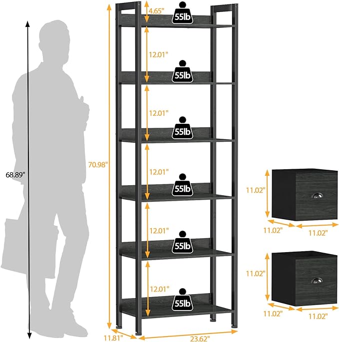 Furologee 6-Tier Bookshelf, Tall Bookcase with 2 Drawers Storage Organizer, Industrial Display Free Standing Shelf Units, Wood and Metal Storage Rack for Home Office, Bedroom, Black Oak