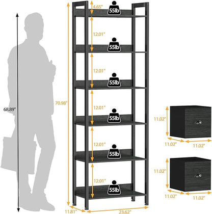 Furologee 6-Tier Bookshelf, Tall Bookcase with 2 Drawers Storage Organizer, Industrial Display Free Standing Shelf Units, Wood and Metal Storage Rack for Home Office, Bedroom, Black Oak