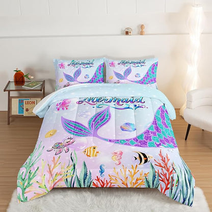 HOSIMA Mermaid Tail Comforter Set for Kids Girls Teens Bedroom Decor,Cartoon Scallop Sea Turtle Sea Horses Octopus Kawaii Bedding Set Mermaid Fish Scale King Size Comforter Set.Ocean Comforter