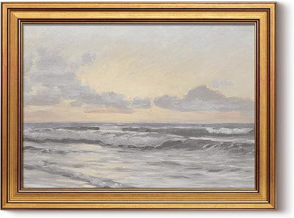HUARCEY Gold Framed Vintage Wall Art for Living Room, Landscape Painting Prints Shelf Decor for Kitchen, Aesthetic Bedroom Wall Art, Christmas Gifts for Friends or Family (Sea or Sky - 12"x16")