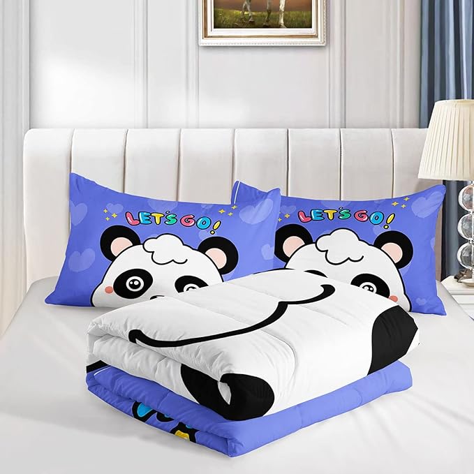 Datura home Panda Comforter Bedding Set for Boys Girls Kids Teens,Cartoon Panda Blue Heart Kawaii Animal Theme with 1 Comforter and 2 Pillowcases(Panda Full)