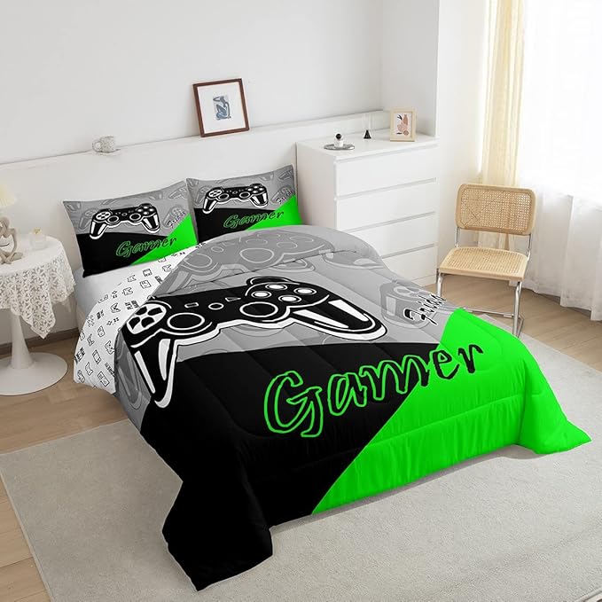 Feelyou Gamer Comforter Set Gaming Bedding Set for Teens Boys Video Game Decor Comforter Game Controller Quilted Duvet Set 1 Comforter with 2 Pillowcases King Green