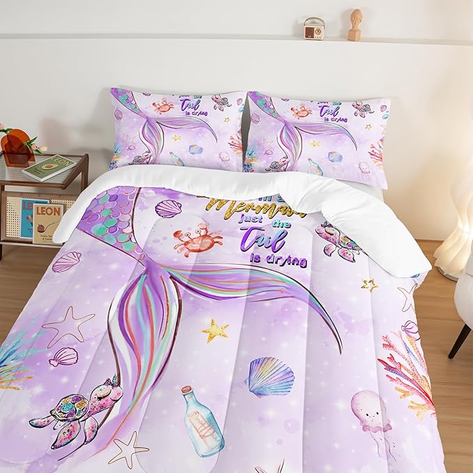 HOSIMA Kids Mermaid Comforter Set with 2 Pillowcases,Watercolor Ocean Life Sea Animal Mermaid Tail Pattern Bedding Set,Light Purpl Queen Comforter Set for Teens Girls Women Bedroom Decor.