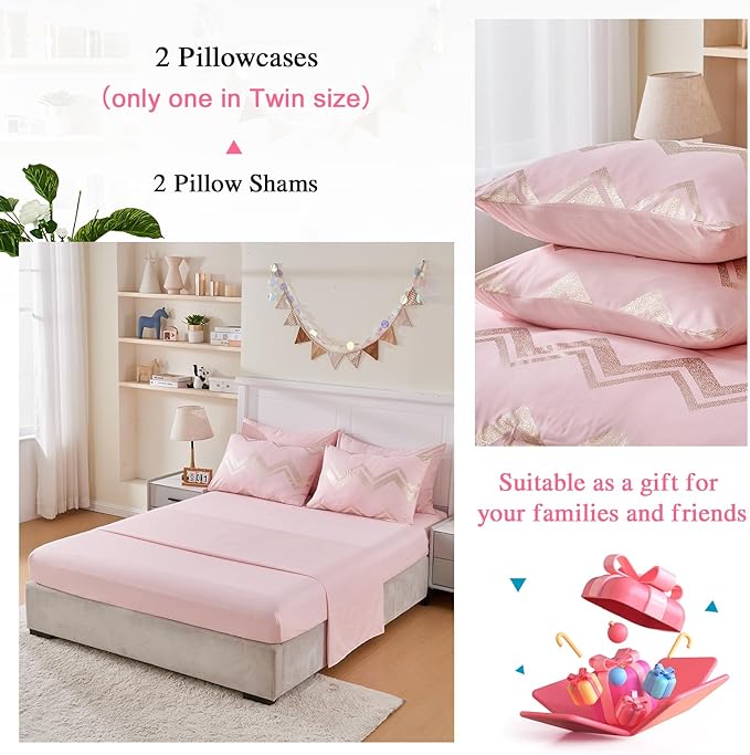 Wowelife Girl Bedding Sets Pink Comforter for Queen Size Bed 7 Pieces Gold Glitter Foil Queen Bedding Set Teen Girl Bedding Pink Full Kids Bedroom Beding Sets with 2 Pillow Shams and 2 Pillowcase