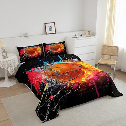 Teen Boys Basketball Bedding Set Kids Sports Comforter Sets Full Soft Lightweight Bedroom Dorm Decor,Red Blue Fire And Water Lightning Ball Duvet Insert,Colorful Grunge Tie Dye Quilt Bedding 3 Pcs