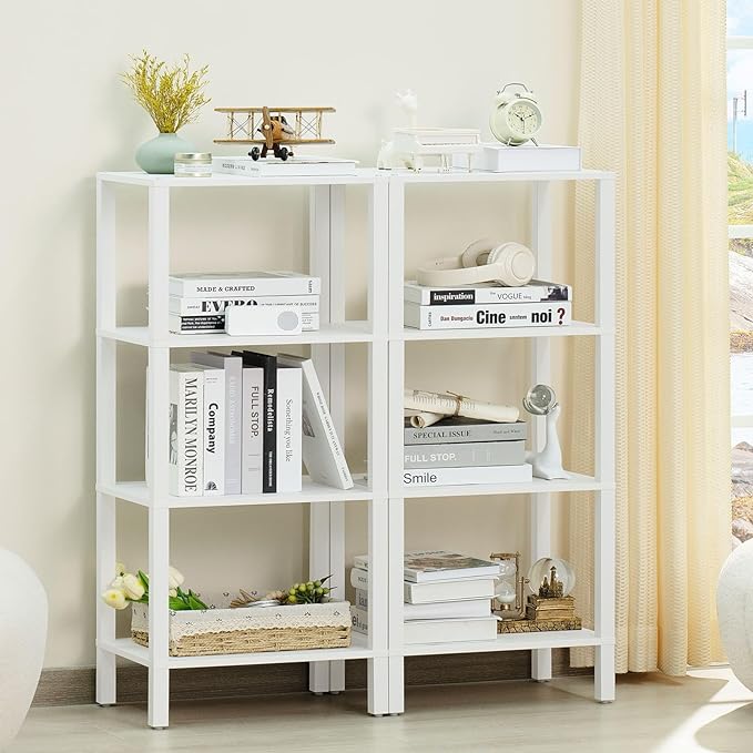 4 Tier Tall Wooden Bookshelf with Storage, Narrow Bookcase for Small Space, Small Book Shelf for Living Room, Office, Bedroom, Kitchen, Industrial, White