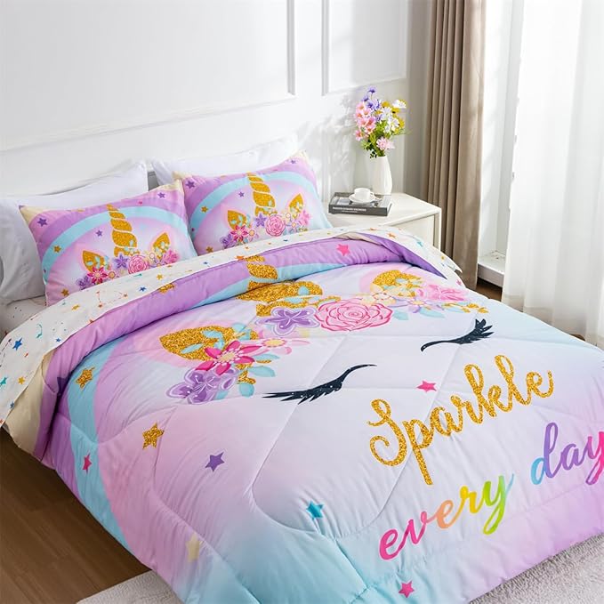 NTBED Unicorn Twin Comforter Set with Sheets,5 Pieces Kids Bedding Sets for Girls, Lightweight Microfiber Star Rainbow Bed in a Bag,Blue Purple