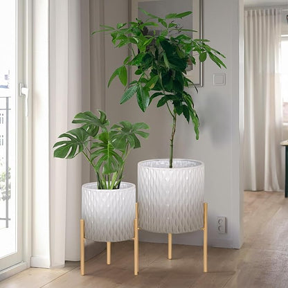ARNIS Plants Pots with Stand, Set of 2 Indoor Planter Pots, Unique Mid Century Decorative Metal Flower Pots with Drainage,8.25 & 10.5 Inch, Grey and White