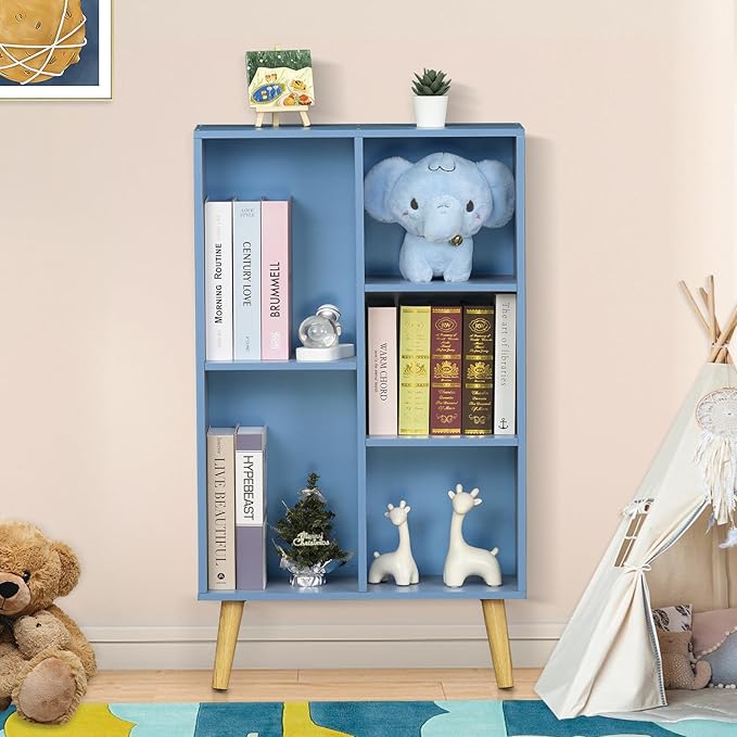 YAHARBO 5 Cube Bookshelf, Blue Kids Book Shelf with Cubby Storage,Wooden Modern Bookcase with Legs,3 Tier Freestanding Display Book Case,Children Toy Organizer,Bookshelves for Office,Nursery,Playroom