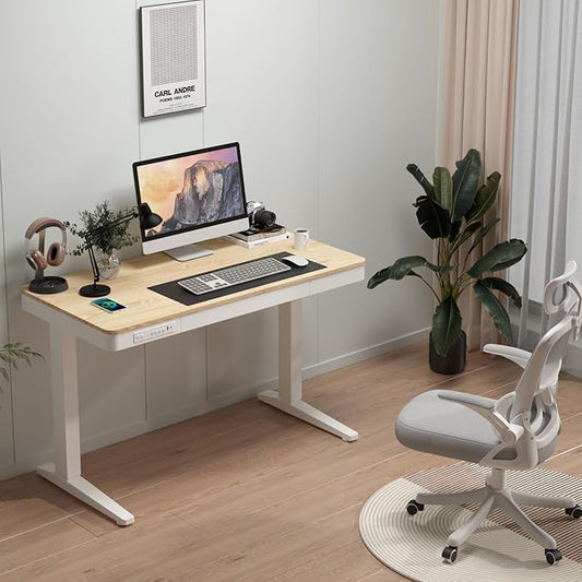 Standing Desk with Drawer and Wireless Charging,48x24 inch Dual Motor Standing Desk, Sit Stand Desk with Whole-Piece Desktop,Stand Up Desk for Home Office(White Oval Legs + Bamboo Top)