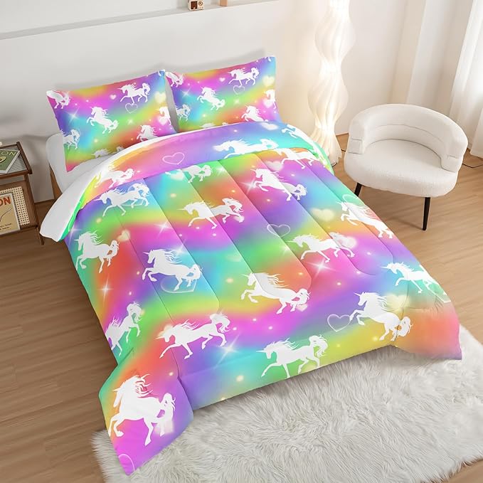 HOSIMA Unicorn Bedding 3pcs Rainbow Comforter Set with 2 Pillowcases,Sparkle Stars Queen Comforter Set for Adults Teen Girls,Cute Rainbow Unicorn Comforter Princess Toddler Bedding Set.