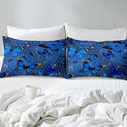 Butterfly Bedding Set for Girls, Butterfly Comforter, Blue Butterflies with Sparkle Stars Prints Comforter Set for Women Girls Butterfly Bedding Queen Size Quilt Sets, 1 Comforter + 2 Pillowcases