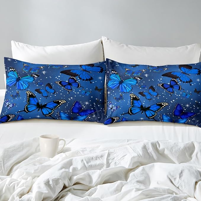 Blue Butterfly Comforter, Butterfly Bedding Set for Girls, Blue Butterflies with Sparkle Stars Prints Comforter Set for Women Girls Butterfly Bedding Full Size Quilt Set, 1 Comforter + 2 Pillowcases