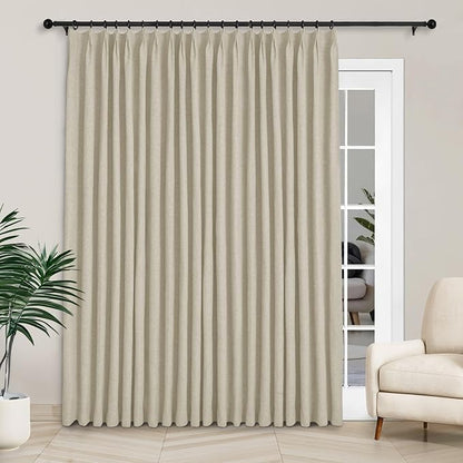 Macochico 120”Wx102”L 100% Blackout Linen Curtains Pinch Pleated Thermal Panels for Sliding Door Bedroom Living Room Farmhouse Shabby Chic Beige Burlap Curtains with Tieback 1 Panel