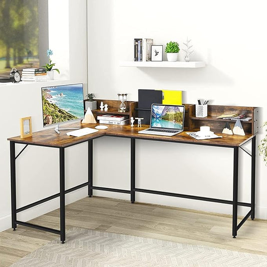 LUARANE 65.5 Inches L-Shaped Desk, Industrial Computer Desk with Hutch File Rack, Space Saving Corner Desk with Metal Frame, Computer Workstation for Home Office (Coffee)