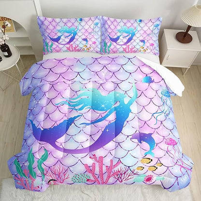 CVHOUSE Mermaid Comforter Sets King for Girls Women,Mermaid Scale Bedding Sets King Set,Mermaid Bedspread,Mermaid Duvet,Mermaid Bed Set,Mermaid Quilt Set 3 Pcs 1 Comforter and 2 Pillowcases