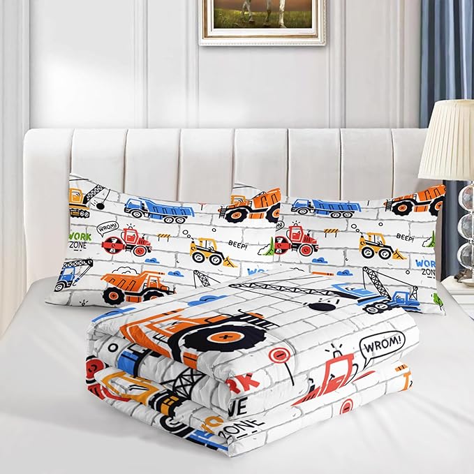 Axolotl Construction Comforter Set Queen,Excavator Bedding Set,Construction Vehicles Comforter Set,Excavator Comforter,Excavator Tractor Trucks Bedding Set for Kids Boys Teens,1 Quilt 2 Pillowcases