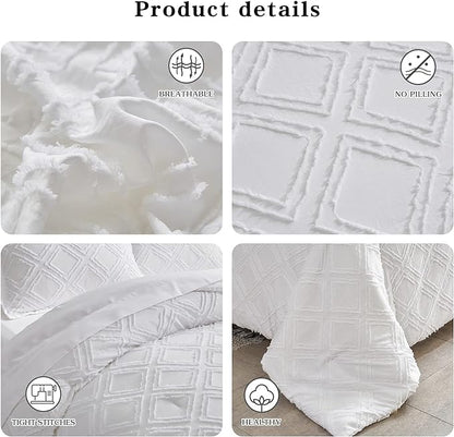 7 Pieces Tufted Bed in a Bag King Comforter Set with Sheets White, Soft and Embroidery Shabby Chic Boho Bohemian, Luxury Solid Color with Diamond Pattern, Jacquard Tufts Bedding Set for All Season