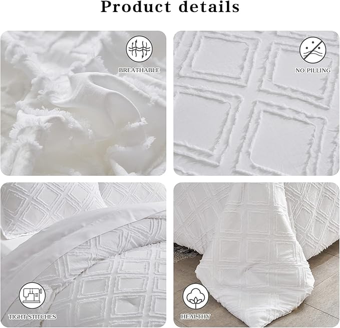 6 Pieces Tufted Bed in a Bag Twin Comforter Set with Sheets White, Soft and Embroidery Shabby Chic Boho Bohemian Design, Luxury Solid Color with Diamond Pattern, Jacquard Tufts Bedding Set for Kids