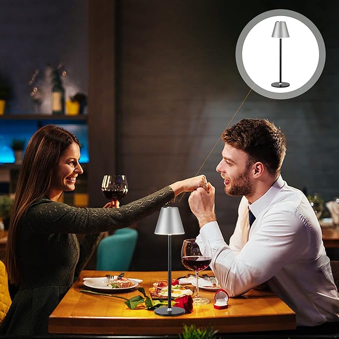 Modern LED CordlessTable Lamp,4000mAh Rechargeable Battery Desk lamp,3 Level Brightness Night Light, Metal Shell,Minimalist Design, for Couple Dinner/Coffee Table/Restaurant/Bedroom(Sliver&Black)
