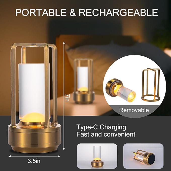 JHWDHD Portable Black Metal Desk Lamp, Cordless LED, Touch Control, 3 Brightness Levels, Multi-Use in Decoration/Bedside/Night/Living Room/Bar/Camping