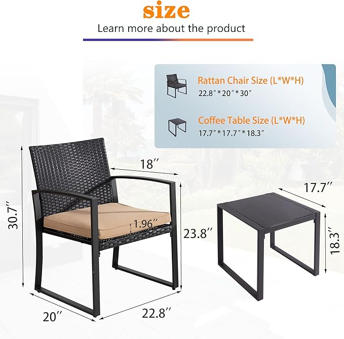 Shintenchi 3 Pieces Outdoor Patio Furniture Set, Modern Wicker Bistro Set, Conversation Rattan Chair of 2 with Coffee Table for Yard Porch Poolside Lawn(Khaki)