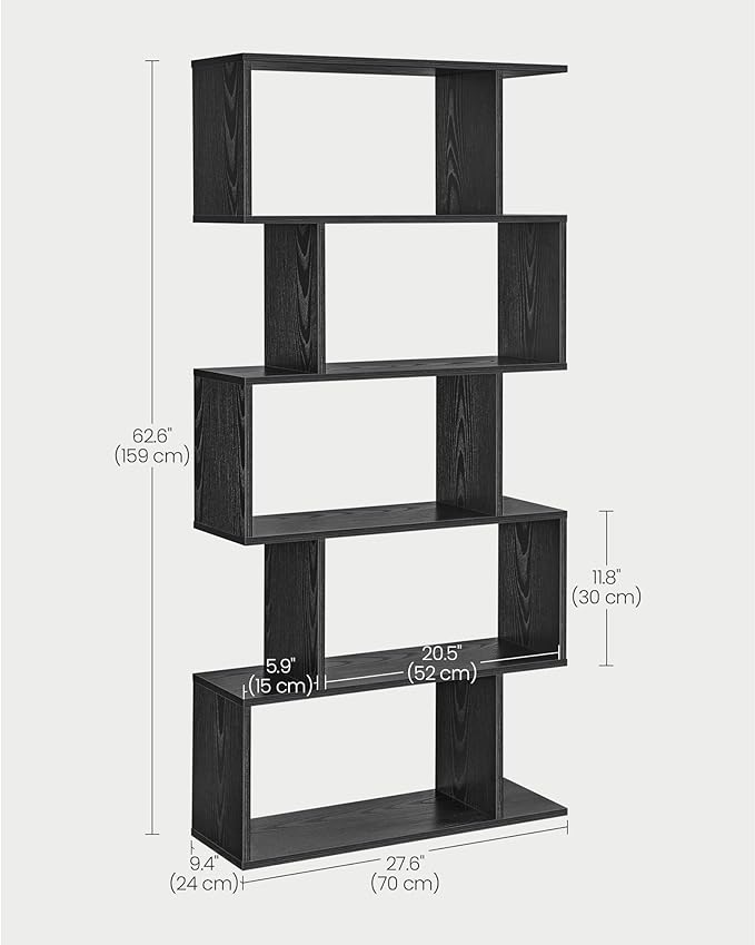 VASAGLE Bookshelf, 5-Tier Bookcase, Tall Display Shelf, Freestanding Storage Shelf, Room Divider, for Home Office, Living room, Bedroom, Study, Ebony Black ULBC062T56