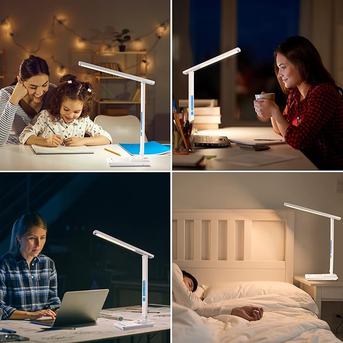 LAOPAO LED Desk Lamp with Wireless Charger, USB Charging Port, Sliding Dimmable Auto Timer Table Lamp with Night Light, Desk Lights with Clock for Study Reading Home Office