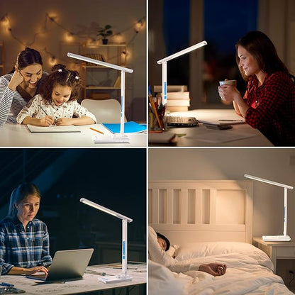 LAOPAO LED Desk Lamp with Wireless Charger, USB Charging Port, Sliding Dimmable Auto Timer Table Lamp with Night Light, Desk Lights with Clock for Study Reading Home Office