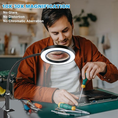 NZQXJXZ Large 30X10X Magnifying Glass with 72 LEDs Light Desk Magnifier with Clip 3 Color Modes and 10 Stepless Dimmable Desk Magnifying Lamp for Hobbies, Reading, Close Work, Jewelry