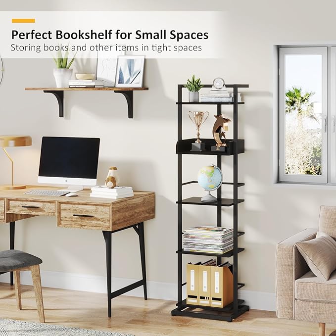 Bookshelf 5-Tier Bookshelf: Tall Corner Bookcase Industrial Narrow Book Shelves Vintage Wood Bookshelf Storage Organizer Display Book Rack for Living Room Bedroom Office Home (Black)