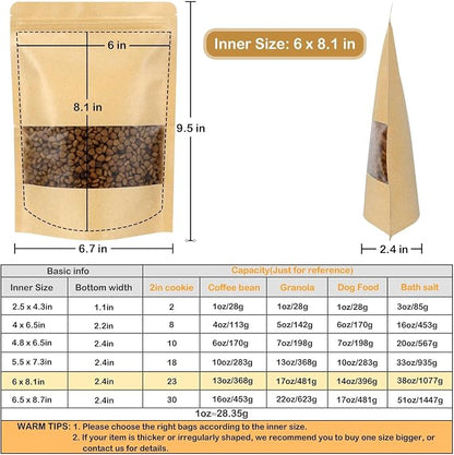 50 Pack Kraft Resealable Bags with Window for Storage (6 x 8.1 Inches) | Brown Zipper-Lock Heat Sealable Stand Up Pouch Bags with Matte Window and Tear Notch for Small Business Home Use