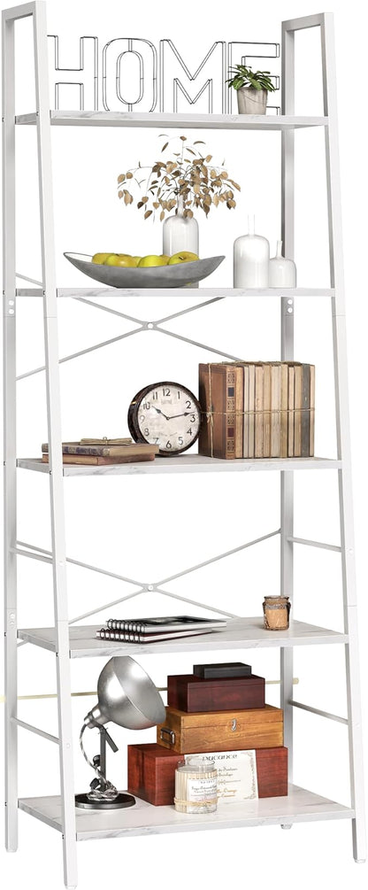 Yusong Ladder Shelf,Industrial 5-Tier Bookshelf,Free Standing Bookcase,Utility Organizer Shelves for Plant Flower,Wood Look Accent Furniture with Metal Frame for Home Office, (White)