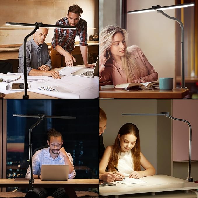LED Desk Lamp for Home Office, 24W Double Head Architect Desk Lamp with Clamp, Remote Control, Adjustable Gooseneck, Stepless Dimming and Tempering Desk Light for Reading Study Drafting