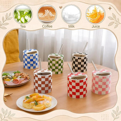 6 Pack Checkered Ceramic Coffee Mug with Sip Hole 10 oz Espresso Cup with Straws Retro Hand Painted Checkered Porcelain Coffee Tea Cup Cappuccino Latte Mug for Kitchen Dining Travel