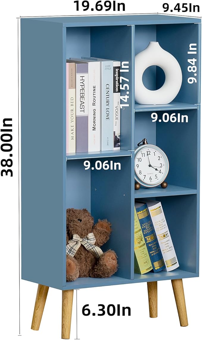 YAHARBO 5 Cube Bookshelf, Blue Kids Book Shelf with Cubby Storage,Wooden Modern Bookcase with Legs,3 Tier Freestanding Display Book Case,Children Toy Organizer,Bookshelves for Office,Nursery,Playroom