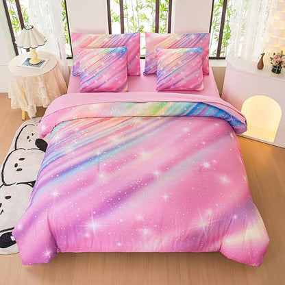 Twin Comforter Set for Girls Galaxy Bedding 7pieces, Ombre Bedding Comforter Sets Rainbow Comforter Glitter Bedding Twin Teen Comforter Sets for Girls