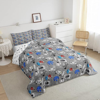 Erosebridal Gaming Comforter Set Twin for Boys Video Game Bedding Set Cartoon Gamepad Gamer Down Comforter, Soft Microfiber Grey White Reversible Bedding Comforters Game Quilt