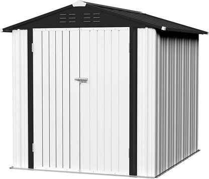 JUMMICO Metal Outdoor Storage Shed 6 x 8 FT Metal Shed with Lockable Door,Waterproof Garden Tool Shed Storage House for Backyard Patio Lawn,White