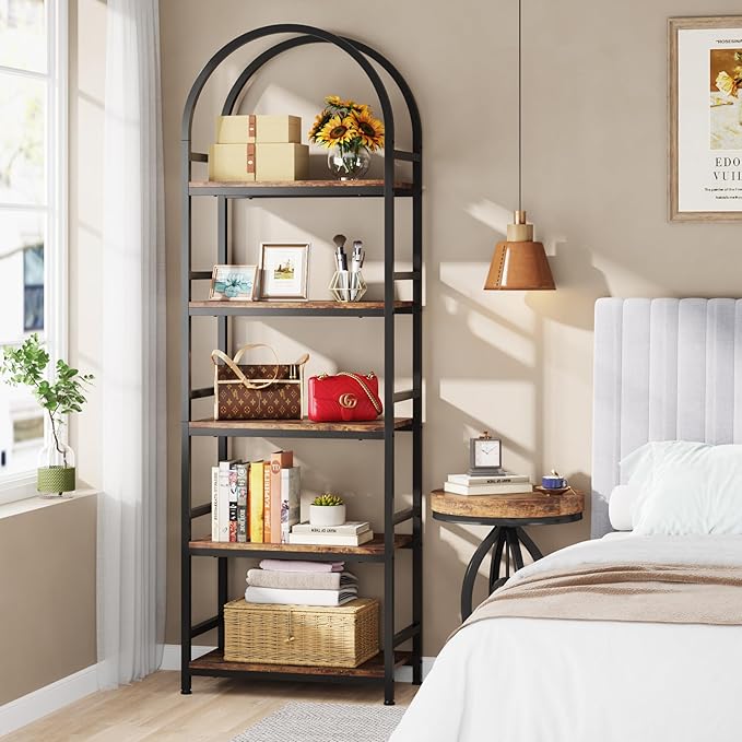 Tribesigns 5-Tier Open Bookshelf, 74.4" Wood Bookcase Storage Shelves with Metal Frame, Freestanding Display Rack Tall Shelving Unit for Office, Bedroom, Living Room, Easy Assembly(Brown, 1PC)