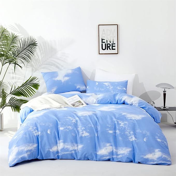 Cotton Blue Cloud Comforter Set Cal King Size Sky Blue Comforter Cotton 3 Pieces Soft Light Blue California King Comforter Bedding Set Women Solid Blue Plus Size Bed Comforter Set All Season