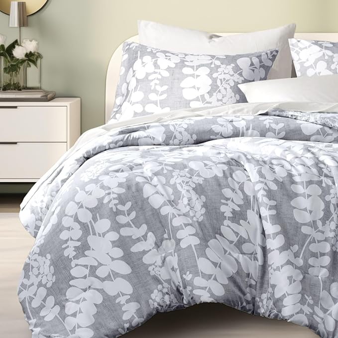 Codi Gray Floral Comforter Set Twin Size, Botanical Bedding Sets | Unique Reversible Design, Lightweight, Better for Spring and Summer | Leaf Print 3 Pieces