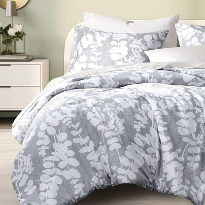 Codi Gray Floral Comforter Set King Size, Botanical Bedding Sets | Nature Style, Unique Reversible Design, Better for Spring and Summer | Leaf Print 3 Pieces