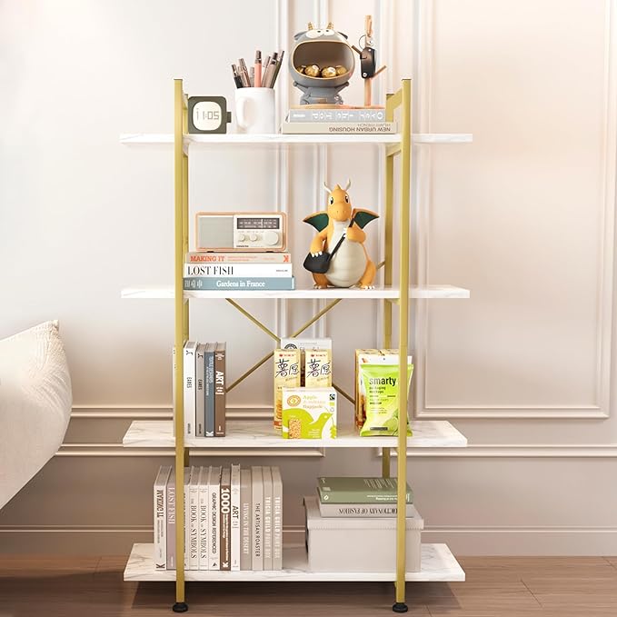 Bookshelf 4 Tiers White and Gold Wooden Storage Shelf,Modern Open Display Storage Bookcase Book Organizer,Metal Bookshelf Standing Storage Shelf Tall Shelving Units for Home Office Study