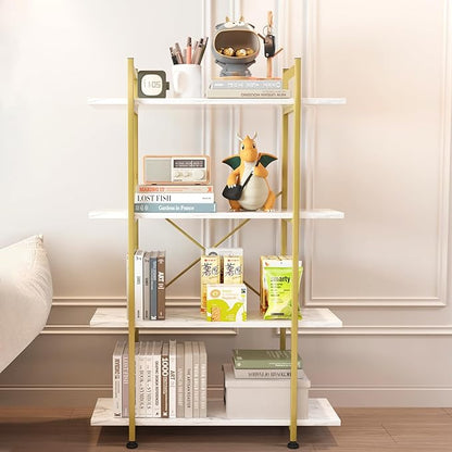 Bookshelf 4 Tiers White and Gold Wooden Storage Shelf,Modern Open Display Storage Bookcase Book Organizer,Metal Bookshelf Standing Storage Shelf Tall Shelving Units for Home Office Study