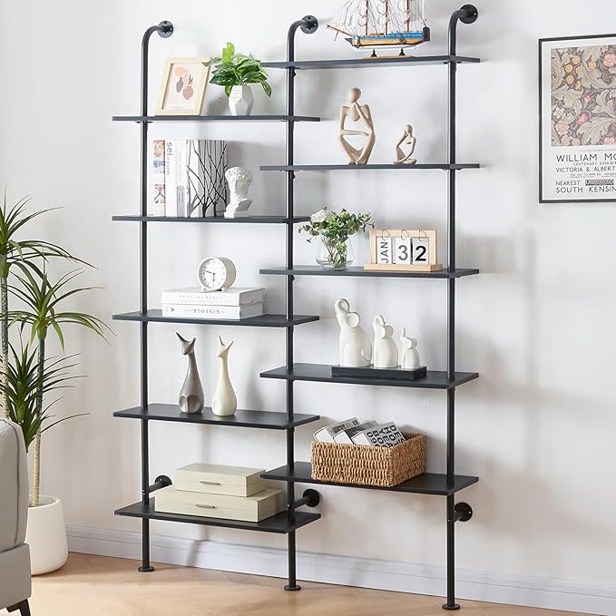 HOMBAZAAR Bookshelf,10-Tier L Shaped, Industrial Double Wide Wall Mount, Modern Bookcase with Metal Frame and Wood, Industrial Corner Pipe Shelf for Living Room and Office, Black