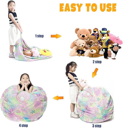 Stuffed Animal Storage Bean Bag Chair Cover, Hold Kids Plush Toys Blankets Towels Beanbag (Cover Only), Canvas Floor Circle Stuff Sit Seat Sofa with YKK Zipper, Large 32", Pink Shell